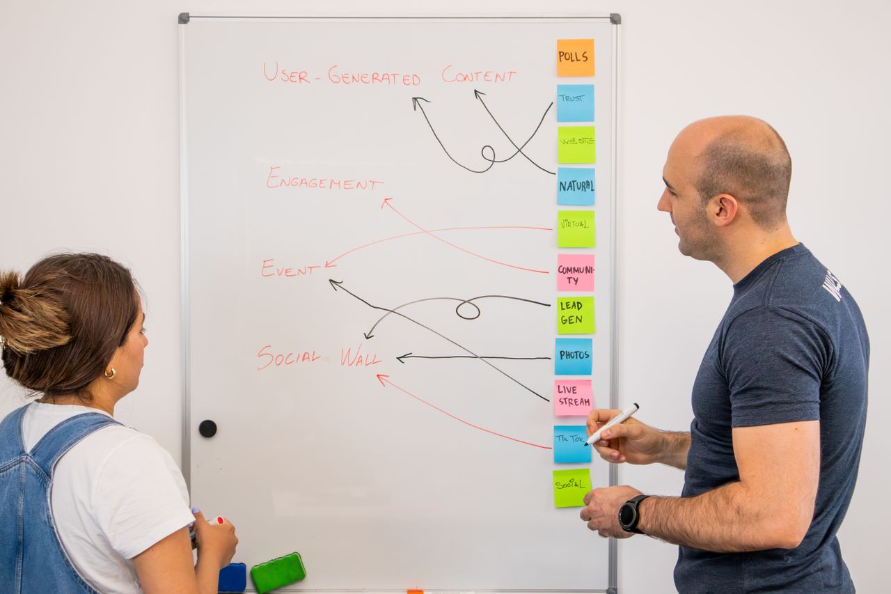 services-02 Two team members are sketching ideas on a whiteboard in a creative strategy meeting.